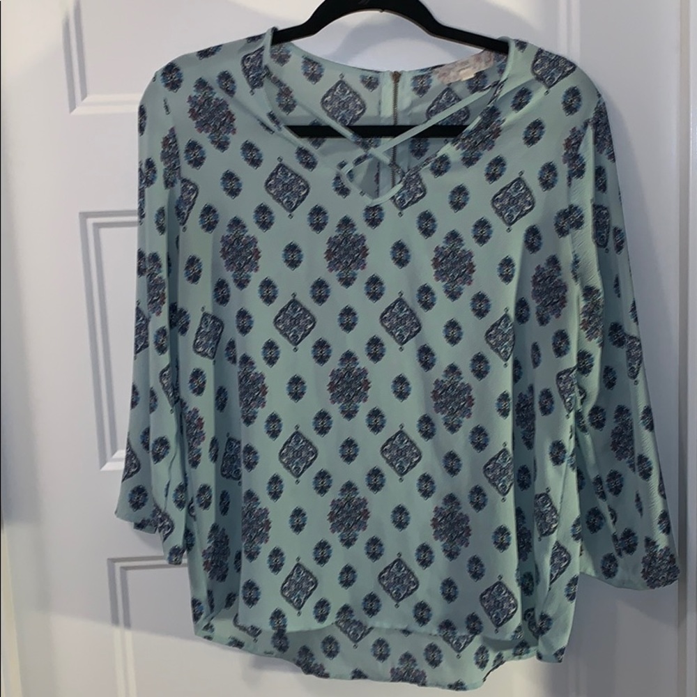 Pink Republic Blouse Sage Floral Medallion Front Criss-Cross / Back Zipper Top
